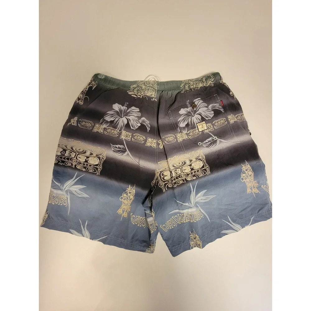 Tommy Bahama Paradise Nation Mens Swim Trunks Large Blue Ombre Tribal Hibiscus
